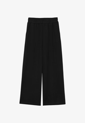 Schwarze, weite Hosen mit elastischem Bund, ausgestattet mit seitlichen Taschen und einem glatten, leichten Stoff. Keine sichtbaren Muster oder Akzente.