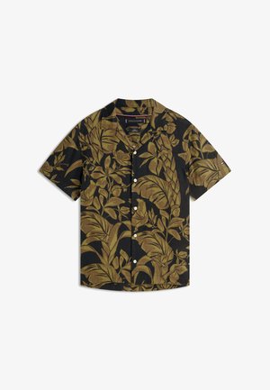 Must lühikeste varrukatega nööpidega särk, millel on pruun moodne troopiliste lehtede ja lillede muster, laialt avatud krae ja valged nööbid.