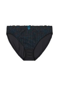 Sous-vêtements noirs avec des détails en dentelle, un motif texturé et une taille élastique. Présente un petit accent en forme de nœud bleu à l'avant.