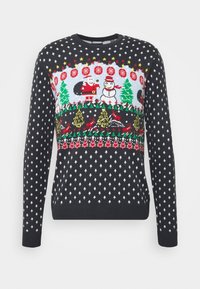 Black knit sweater featuring a colorful holiday pattern with Santa, a snowman, trees, and reindeer, accented with white stars.