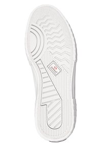 Suola di scarpa in gomma bianca con un motivo testurizzato, caratterizzata da design a zigzag e circolari. Include un piccolo logo rosso e bianco.