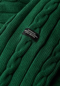 Zielony sweter w splot kablowy wykonany z teksturowanej tkaniny. Posiada wypukłe wzory oraz czarną metkę z nazwą marki i numerem rejestracyjnym.