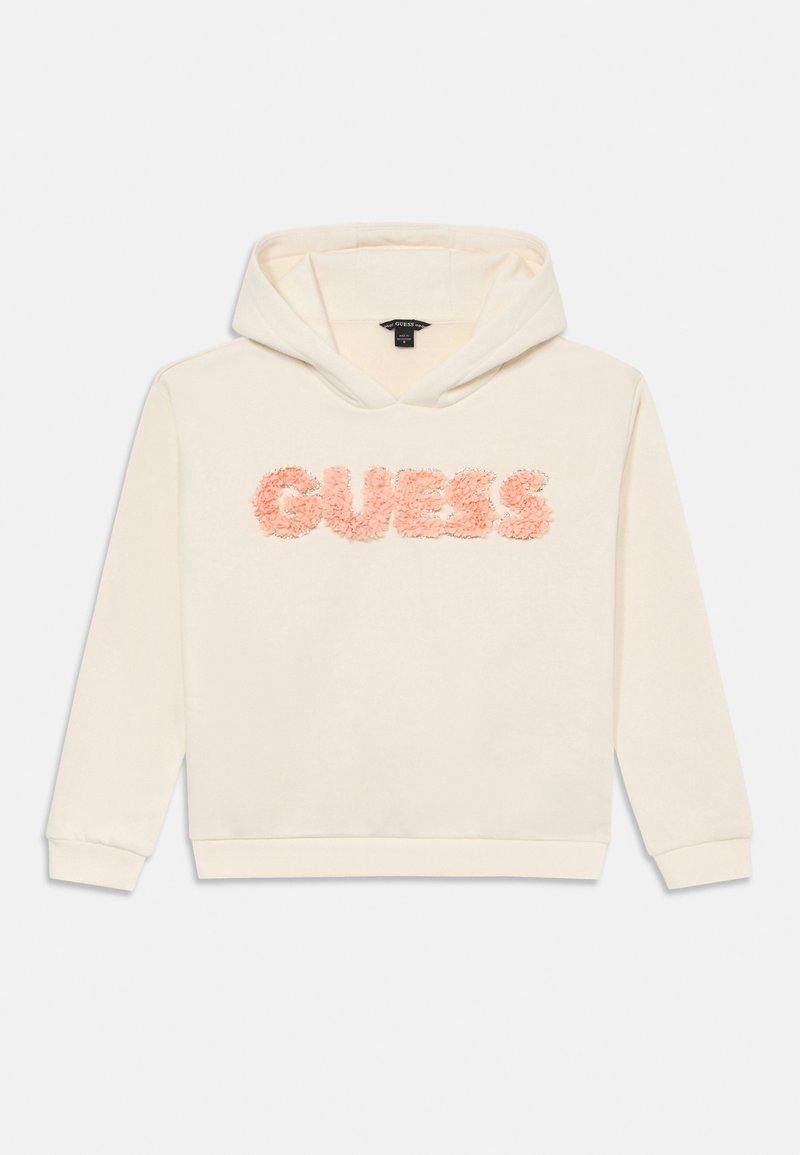 Krémová mikina s kapucí a dlouhými rukávy se texturovaným růžovým logem "GUESS" na hrudi.