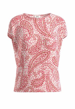 Kurzarmbluse mit pinkem, weißem und beigem abstraktem Blumen- und Leopardenmuster, Rundhalsausschnitt und lockerem Schnitt.