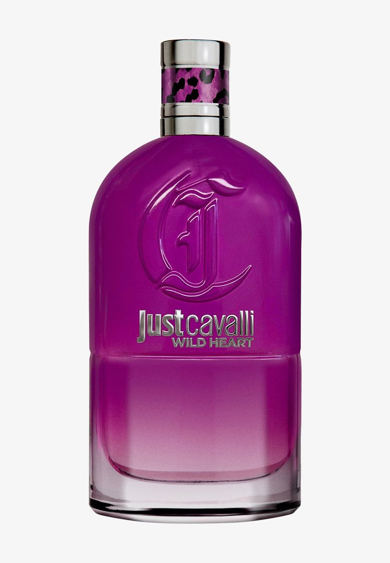 Parfumfles met paarse verloopkleur en zilveren dop, met zwarte luipaardprint en het geperste "Just Cavalli Wild Heart" logo.
