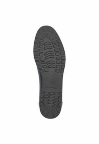 Suola di scarpa in gomma nera con un modello di battistrada testurizzato, caratterizzata da scanalature e creste per una migliore aderenza. Le marcature includono il marchio e i dettagli della taglia.