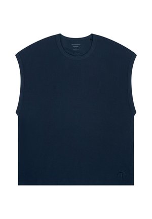Navy blue sleeveless T-shirt made of ribbed fabric with a round neckline and a small logo detail at the bottom left corner.