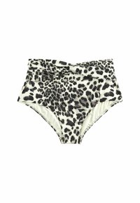 Bikini donji dio visokog struka s uzorkom leoparda u crnoj i bijeloj boji, s preklopnim pojasom i mekim, rastezljivim materijalom.