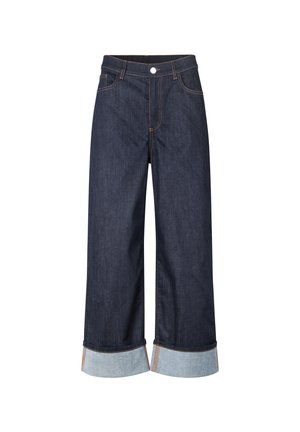 Donkerblauwe denim wijde jeans met een indigo afwerking, voorzien van een omgeslagen zoom in lichtere denim en contrasterende oranje stiksels.