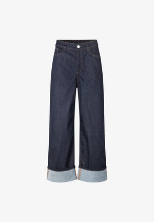 Dark blue denim wide-leg jeans with an indigo finish, featuring a cuffed hem in lighter denim and contrasting orange stitching.