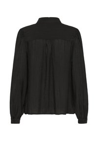Schwarze Bluse mit langen Ärmeln, Rückenteil mit Passe, gerafftem Stoff unter den Schultern, Knopfmanschetten und einer lockeren, leicht durchsichtigen Textur.