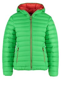 Zielona kurtka puchowa z kapturem, wyposażona w dwukierunkowy zamek błyskawiczny, pomarańczową podszewkę i zapinane na zamek kieszenie boczne. Poziomy pikowany wzór, lekka.