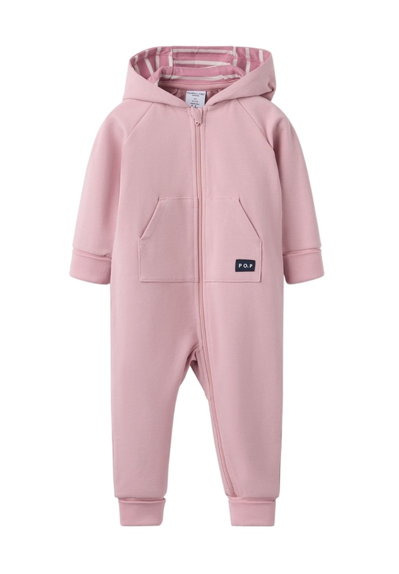 Rosa Kapuzen-Overall aus weichem Material mit einem Frontreißverschluss, zwei Taschen und elastischen Bündchen. Gestreiftes Innenfutter in der Kapuze sichtbar.