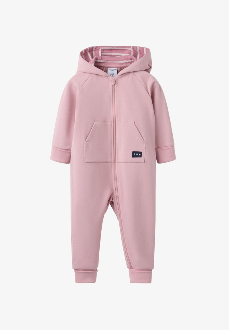 Lyserød hætteheldragter i blødt materiale med frontlynlås, to lommer og elastiske manchetter. Stribet foring synlig indeni hætten.