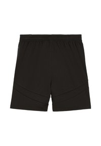 Schwarze Sportshorts aus leichtem Material, mit einem elastischen Bund und geschwungenen Nähten an der unteren Vorderseite.