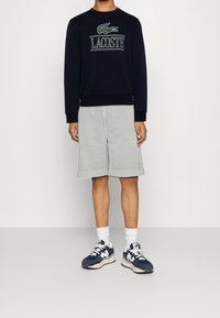 Sudadera navy con el logotipo "LACOSTE" en verde, combinada con pantalones cortos grises. El modelo lleva zapatillas navy con detalles en blanco y calcetines de longitud media.