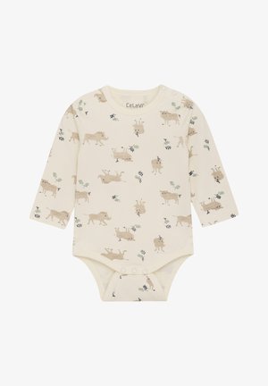 Bodysuit à manches longues pour bébé en crème avec des motifs d'animaux. Fabriqué en tissu doux, doté de boutons-pression pour un habillage facile et d'accents verts.