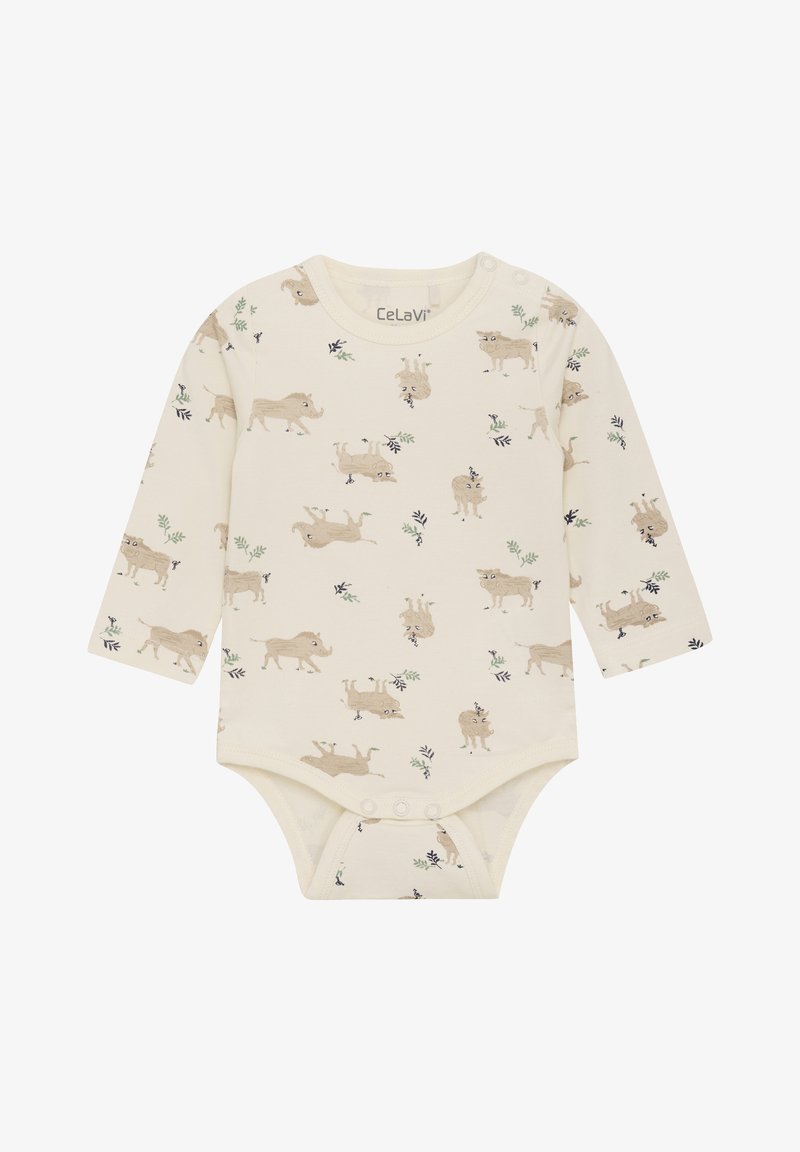 Body niemowlęce z długim rękawem w kolorze kremowym z wzorem zwierzęcym. Wykonane z miękkiego materiału, z zatrzaskami ułatwiającymi zakładanie i zielonymi akcentami.
