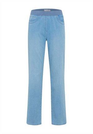 Hellblaue Jeans mit geradem Bein, elastischem Bund, vorderen Taschen und einem sichtbaren Markenetikett im Inneren des Bundes.