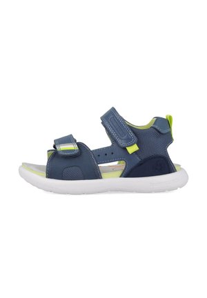Sandal azul con correas ajustables, parte superior de malla y una suela blanca acolchada. Presenta acentos amarillos y recortes para la transpirabilidad.