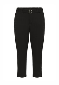 Pantalons noirs effilés avec une ceinture assortie dotée d'une boucle en D en argent, présentés sur un fond blanc.