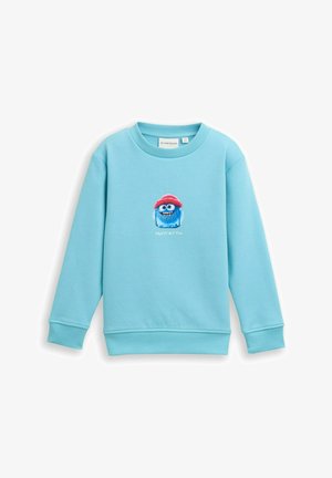 Lichtblauwe sweatshirt van zachte stof met een geborduurd cartoonfiguur met een rode hoed en de slogan "Frosty But Fun" eronder.