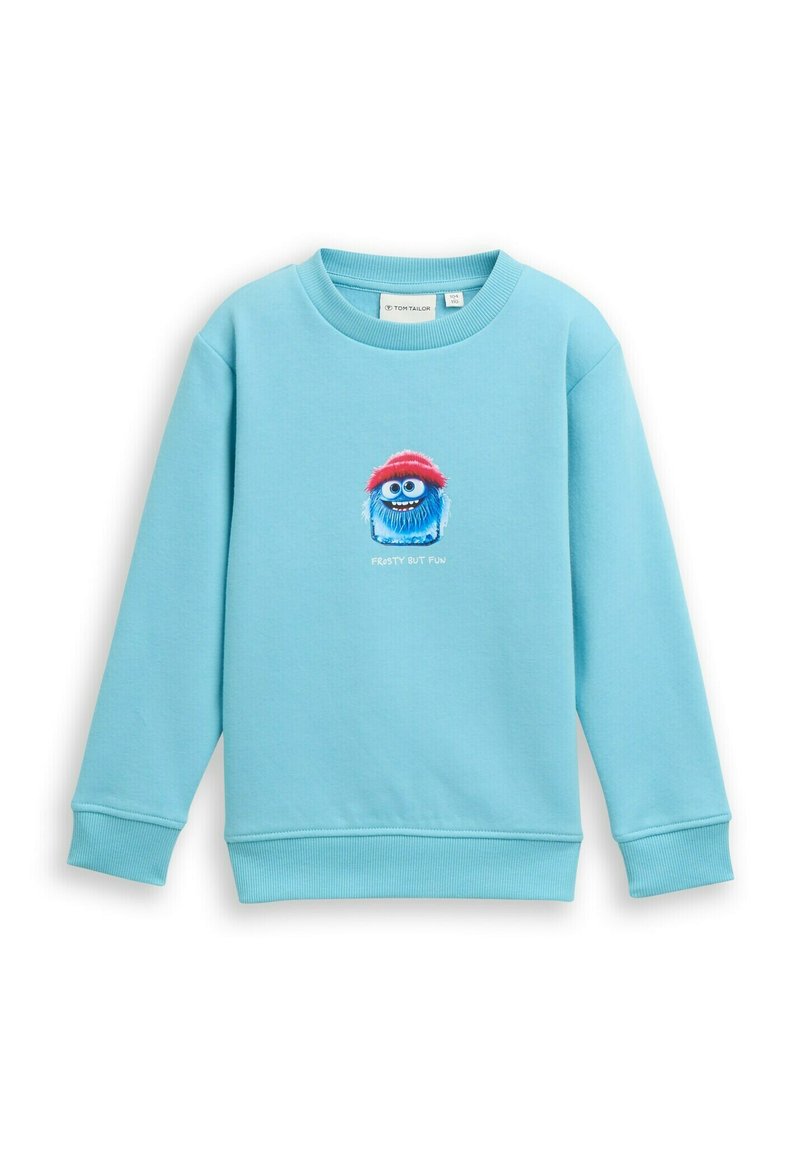 Sweat-shirt bleu clair en tissu doux, orné d'un personnage de dessin animé brodé portant un chapeau rouge, avec le slogan "Froide mais Amusante" en dessous.