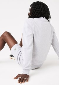 Sweat-shirt gris clair et short, avec un petit logo vert. Le sweat-shirt a des manches longues et un col rond ; le tissu semble doux.