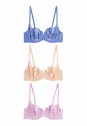Drei Spitzen-BHs in Blau, Beige und Lavendel, jeweils mit verstellbaren Trägern und Bügeln, vertikal auf einem weißen Hintergrund angeordnet.