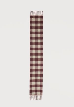 Langer rechteckiger Schal mit kariertem Muster in Dunkelrot und Beige, an beiden Enden mit Fransen.