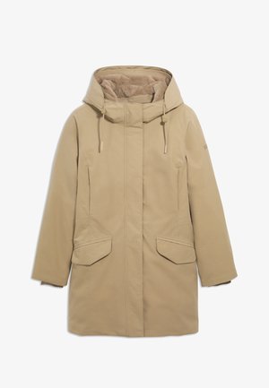 Beige waterdichte parka met een met bont gevoerde capuchon, een rits- en drukknoopsluiting, twee grote opgestikte zakken en een rechte snit.