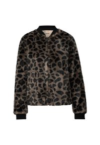 Leopard-print bomber jacket in soft faux fur, featuring a front zipper, black ribbed cuffs, and collar, with a relaxed fit and side pockets.