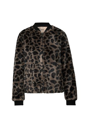 Chaqueta bomber de imitación de piel suave con estampado de leopardo, que presenta un cierre frontal con cremallera, puños y cuello de punto negro, con un corte holgado y bolsillos laterales.
