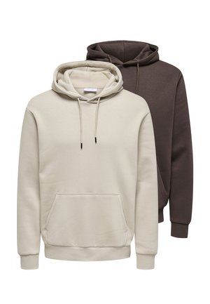 Deux sweat-shirts à capuche unis avec poches avant, un beige devant et un brun foncé derrière, tous deux avec capuches à cordon.