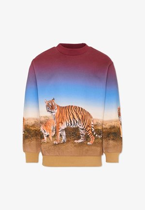 Sweat-shirt avec un dégradé du rouge au bleu, présentant une grande impression de tigre sur le devant. Manches longues et col rond côtelé avec un ourlet beige.