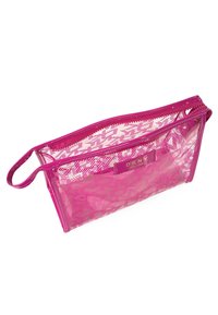 Bolsa de cosméticos transparente rosa con cierre de cremallera, que presenta un patrón geométrico y un asa lateral para un fácil transporte. Branding de DKNY visible.
