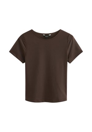 Tricou maro închis, cu mânecă scurtă, guler rotund, tiv drept și etichetă pe guler.