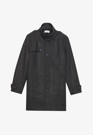 Manteau en laine gris foncé avec un col haut, fermeture par boutons à l'avant, épaulettes et deux poches avant. Texture lisse et coupe ajustée.