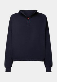 Sudadera de color azul marino con un cuello alto, mangas largas y un dobladillo fruncido. Hecha de una tela suave, presenta una pequeña tapeta en la parte frontal.