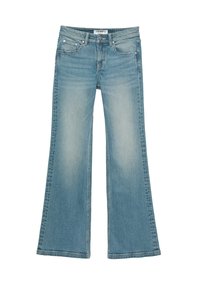 Jean en denim bleu clair avec un léger évasement aux jambes, poches avant, passants de ceinture et fermeture boutonnée avec fermeture éclair à la taille.