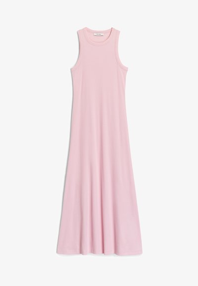 Ärmelloses pinkes Kleid mit Rundhalsausschnitt, aus weichem Stoff gefertigt. Mit schwingendem Saumdesign und glatter Textur, geeignet für Freizeitbekleidung.