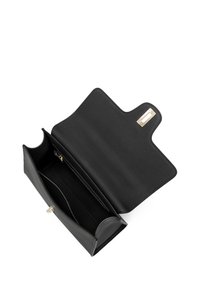 Black leather clutch with a textured exterior, open design, gold hardware accent, and a smooth black interior. Features a zipper compartment.