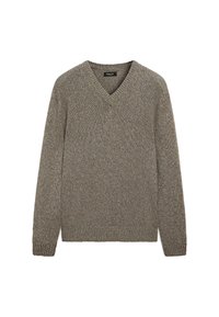 Sweter z dekoltem w serek w teksturowanym, stonowanym kolorze taupe. Wykonany z dzianiny, z długimi rękawami oraz ściągaczami przy mankietach i u dołu.