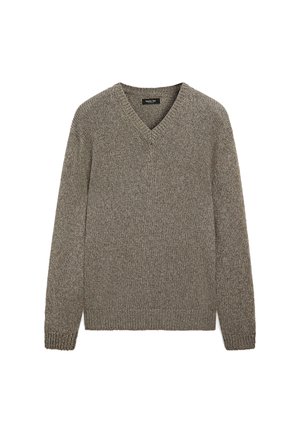 Pull à col en V dans une couleur taupe texturée et mate. Fabriqué en tricot, il possède des manches longues ainsi que des poignets et un ourlet côtelés.