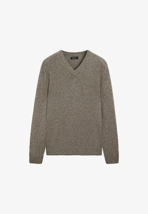 Svetr s výstřihem do V v texturované, jemně šedohnědé barvě. Vyrobeno z pletené látky, s dlouhými rukávy a žebrovanými manžetami a lemem.