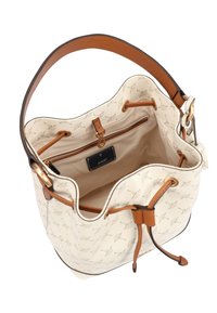 Torba typu bucket w teksturowanym kremowym materiale z kwiatowym wzorem, z akcentami z jasnobrązowej skóry oraz sznurkiem do zaciągania. Zawiera wewnętrzną kieszeń na zamek.