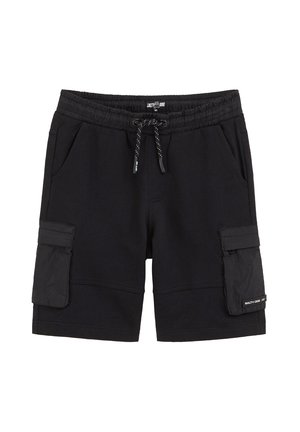 Fekete cargo rövidnadrág rugalmas derékpánttal, húzózsinórral, oldalsó fedős zsebekkel és elülső oldalzseppekkel, a jobb zsebnél "Salty Dog" felirattal.