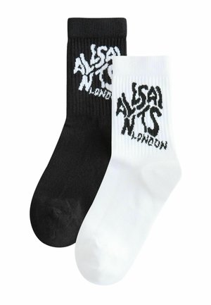 Black and white ribbed socks featuring the text "ALSAINTS LONDON" in contrasting colors. The black sock has white text, and vice versa.
