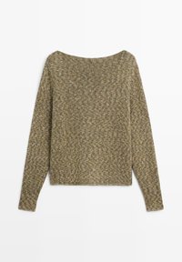 Gebreide trui met lange mouwen in olijfgroen en beige met een brede, licht bootvormige halslijn en een normale pasvorm.