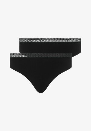 Dos bragas negras para mujer con ribete de encaje en la cintura, exhibidas planas sobre un fondo blanco.